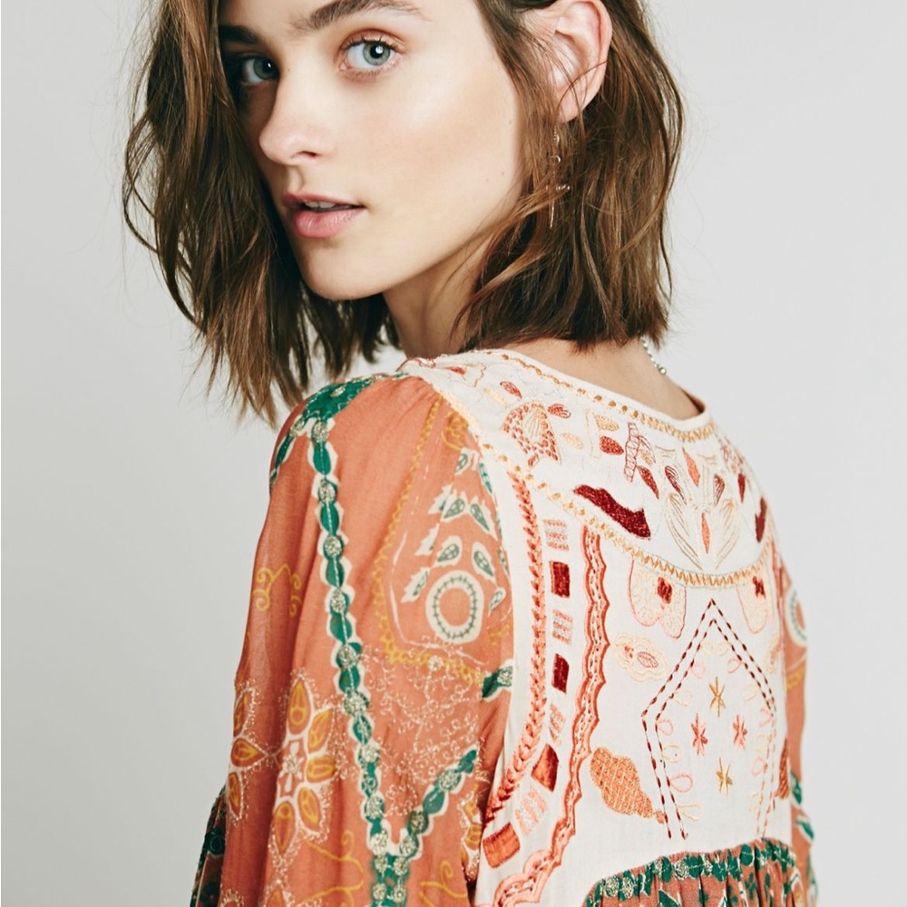 Free People Pink City Long Sleeve Floral Dress in Orange and Green - Picture 5 of 15
